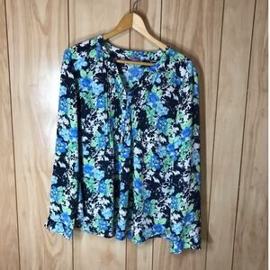Laura Scott Blue Floral V-Neck Pleated Long Sleeve Top XL